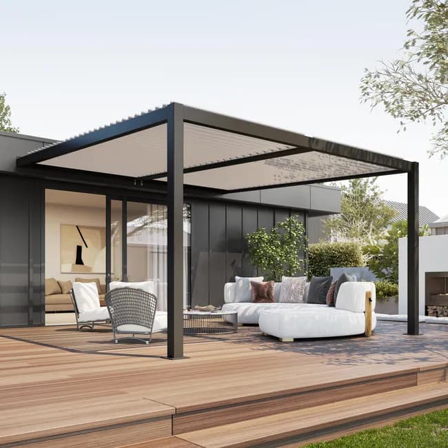 Pergola bioclimatique adossée 4 x 3 m à lames orientables en aluminium - Gris anthracite - Image 1