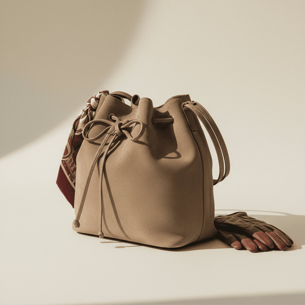 Sac seau Margot — Cuir suédé taupe - Image 1